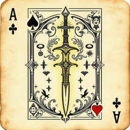 A playing card featuring a magical sword design, illustrated on old, weathered paper