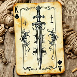 A playing card featuring a magical sword design, illustrated on old, weathered paper