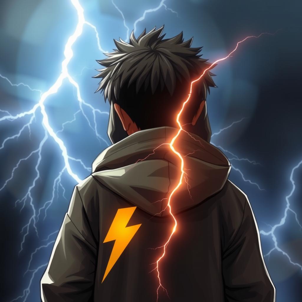 A dark-skinned boy wearing a hooded jacket, seen from behind, with a lightning bolt on the back of his jacket