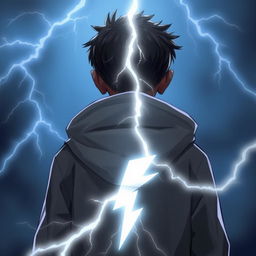 A dark-skinned boy wearing a hooded jacket, seen from behind, with a lightning bolt on the back of his jacket