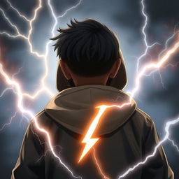 A dark-skinned boy wearing a hooded jacket, seen from behind, with a lightning bolt on the back of his jacket