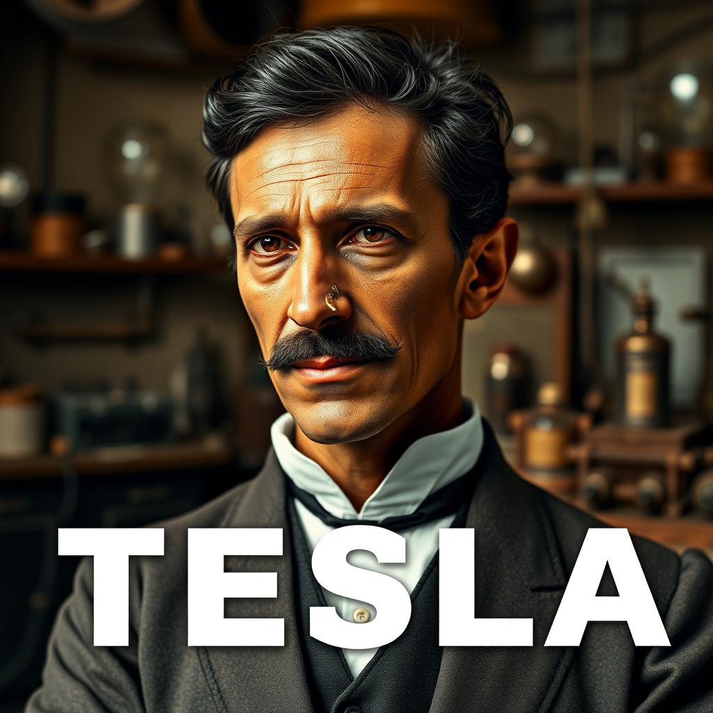 A biopic image of Nikola Tesla portrayed by an African actor with distinctly African features and a bone in his nose, set in the late 19th century