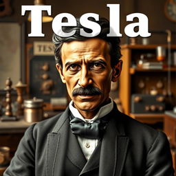 A biopic image of Nikola Tesla portrayed by an African actor with distinctly African features and a bone in his nose, set in the late 19th century