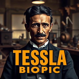 A biopic image of Nikola Tesla portrayed by an African actor with distinctly African features and a bone in his nose, set in the late 19th century