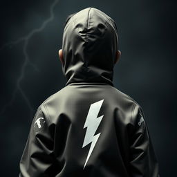 A dark-skinned boy wearing a hooded jacket, seen from behind, with a lightning bolt on the back of his jacket