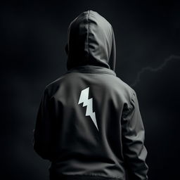 A dark-skinned boy wearing a hooded jacket, seen from behind, with a lightning bolt on the back of his jacket