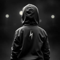 A dark-skinned boy wearing a hooded jacket, seen from behind, with a lightning bolt on the back of his jacket