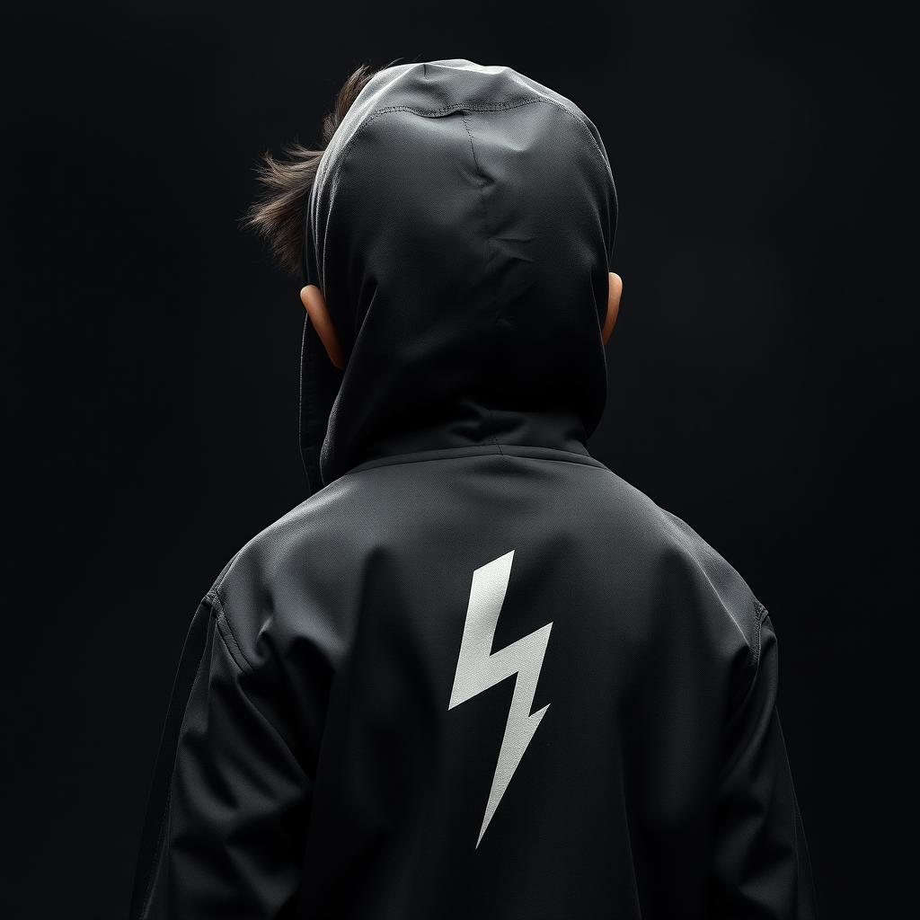 A dark-skinned boy wearing a hooded jacket, seen from behind, with a lightning bolt on the back of his jacket