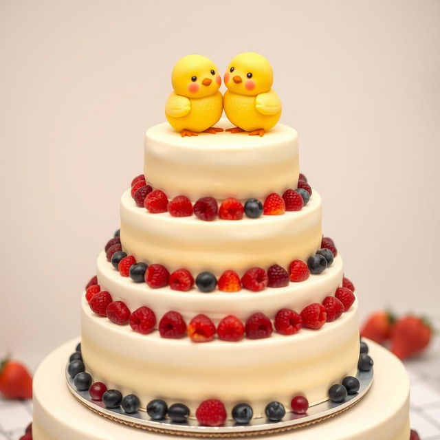 A wedding cheesecake with a 'little yellow chicks' theme, featuring multiple tiers decorated with cute yellow mastic chicks, smiling and hugging