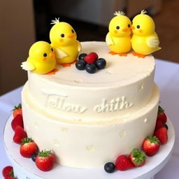 A wedding cheesecake with a 'little yellow chicks' theme, featuring multiple tiers decorated with cute yellow mastic chicks, smiling and hugging