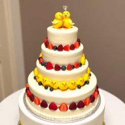 A wedding cheesecake with a 'little yellow chicks' theme, featuring multiple tiers decorated with cute yellow mastic chicks, smiling and hugging