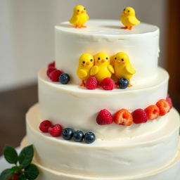 A wedding cheesecake with a 'little yellow chicks' theme, featuring multiple tiers decorated with cute yellow mastic chicks, smiling and hugging