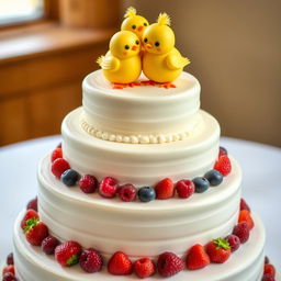 A wedding cake with a 'little yellow chicks' theme, featuring multiple tiers decorated with cute yellow mastic chicks, smiling and hugging