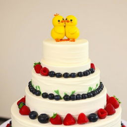 A wedding cake with a 'little yellow chicks' theme, featuring multiple tiers decorated with cute yellow mastic chicks, smiling and hugging