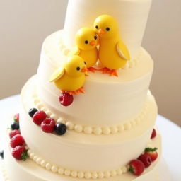 A wedding cake with a 'little yellow chicks' theme, featuring multiple tiers decorated with cute yellow mastic chicks, smiling and hugging