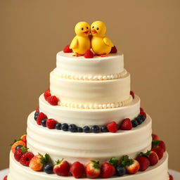 A wedding cake with a 'little yellow chicks' theme, featuring multiple tiers decorated with cute yellow mastic chicks, smiling and hugging