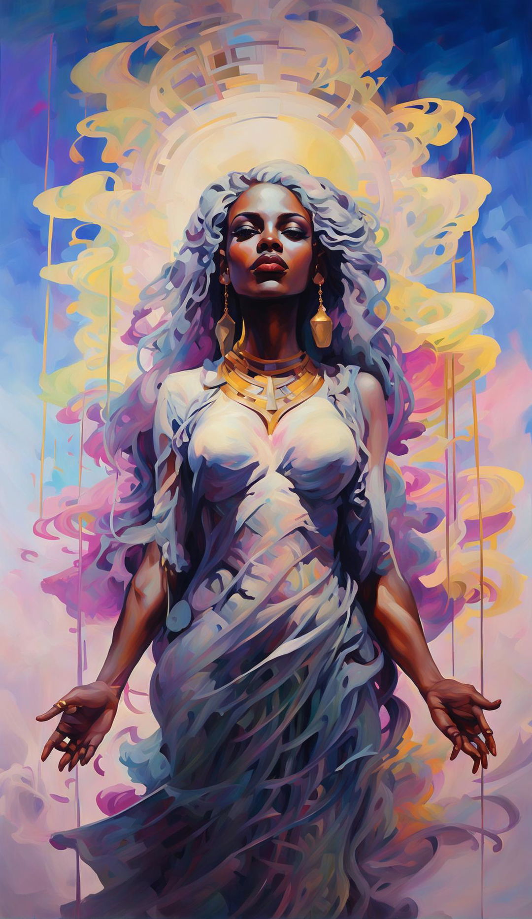 Fine art oil painting of an African American Aphrodite in white attire with golden accents, long grey dreadlocks blowing in the wind, green eyes and confident expression against a vivid iridescent abstract sky with clouds and thin smoke. The composition is symmetrical, emphasizing her feminine form.