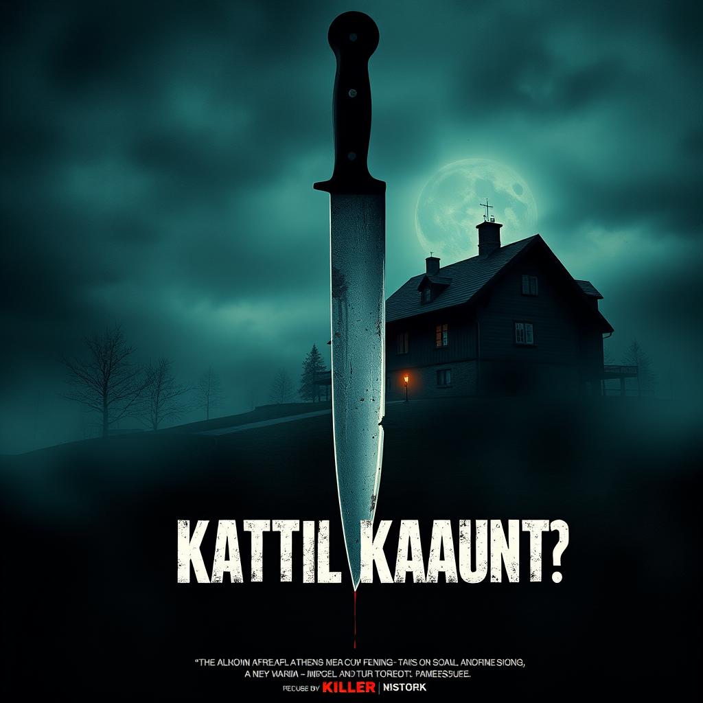 Design an eerie and suspenseful movie poster for the thriller film titled 'Kaatil Kaun?!'