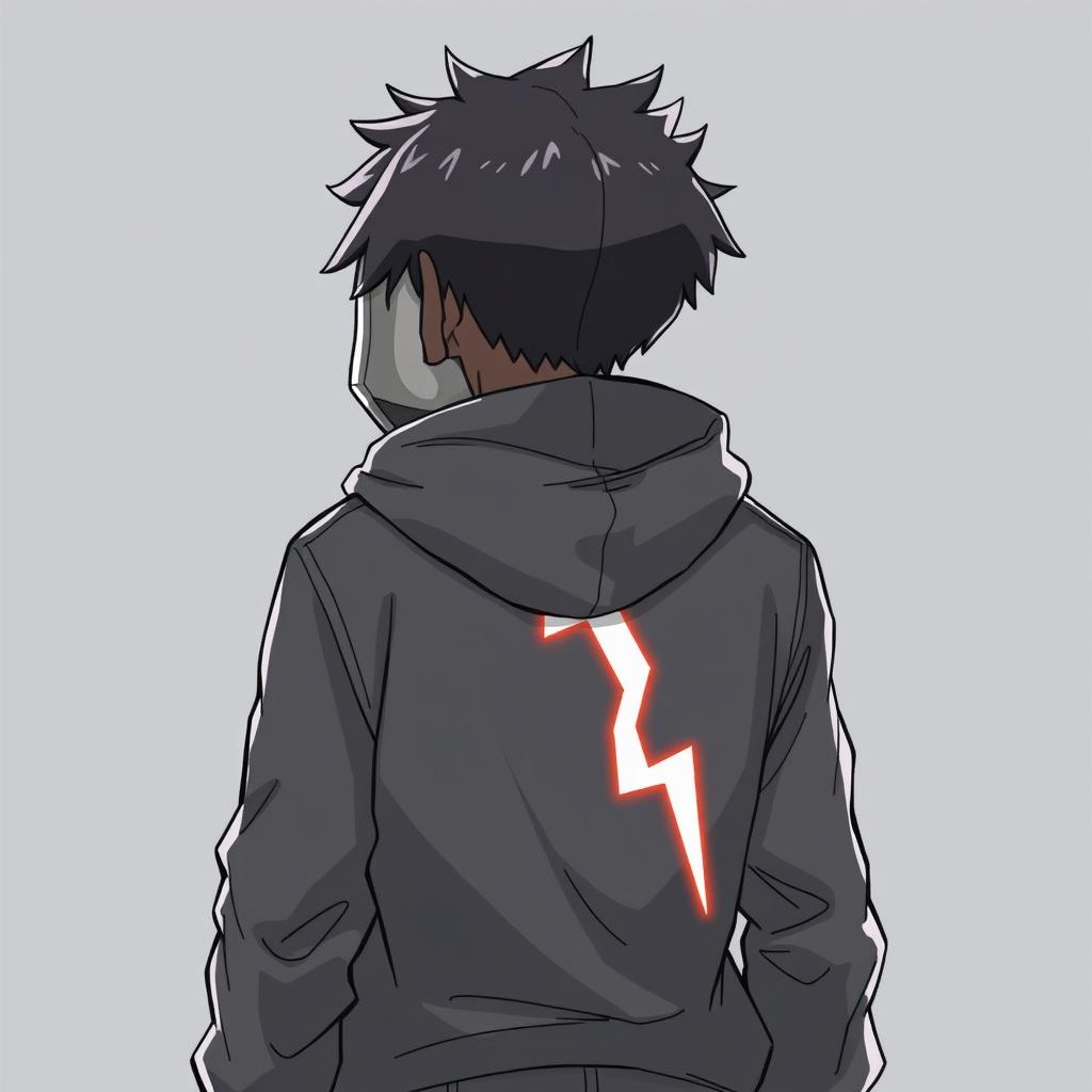 An anime-style drawing of a dark-skinned boy wearing a hooded jacket, seen from behind, with a lightning bolt on the back of his jacket