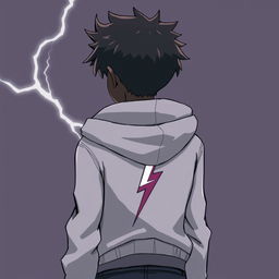 An anime-style drawing of a dark-skinned boy wearing a hooded jacket, seen from behind, with a lightning bolt on the back of his jacket