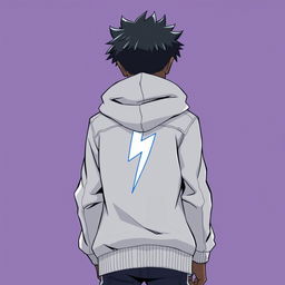 An anime-style drawing of a dark-skinned boy wearing a hooded jacket, seen from behind, with a lightning bolt on the back of his jacket