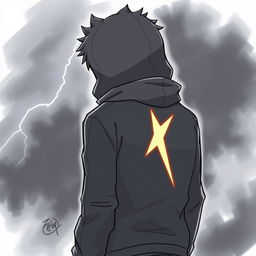 An anime-style drawing of a dark-skinned boy wearing a hooded jacket, seen from behind, with a lightning bolt on the back of his jacket