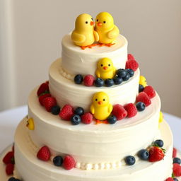 A wedding cake designed with a 'little yellow chicks' theme (not a cheesecake)