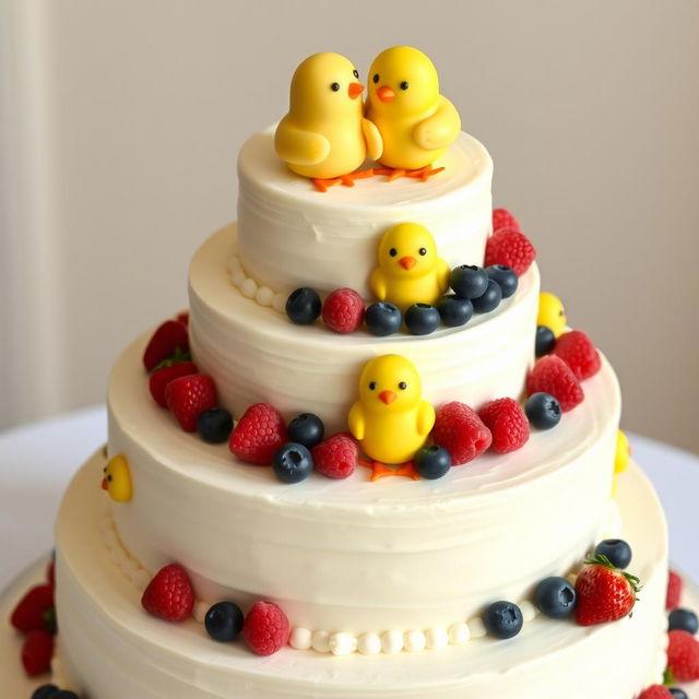 A wedding cake designed with a 'little yellow chicks' theme (not a cheesecake)