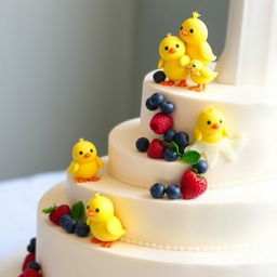 A wedding cake designed with a 'little yellow chicks' theme (not a cheesecake)