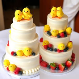 A wedding cake designed with a 'little yellow chicks' theme (not a cheesecake)