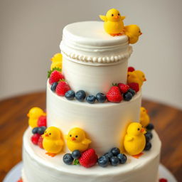 A wedding cake designed with a 'little yellow chicks' theme (not a cheesecake)