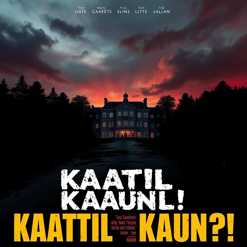 Design a horrific and suspenseful movie poster for the thriller film titled 'Kaatil Kaun?!'