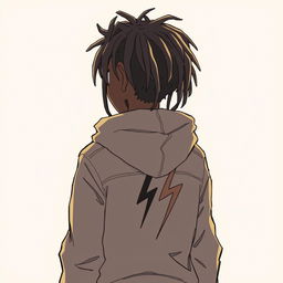 An anime-style drawing of a dark-skinned boy with dreadlocks, wearing a hooded jacket, seen from behind, with a lightning bolt on the back of his jacket