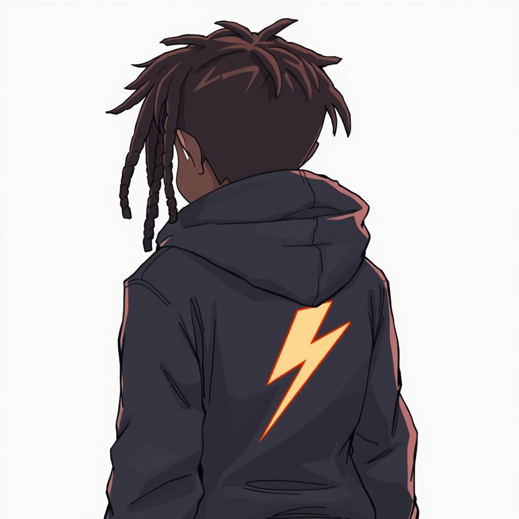 An anime-style drawing of a dark-skinned boy with dreadlocks, wearing a hooded jacket, seen from behind, with a lightning bolt on the back of his jacket