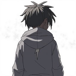 An anime-style drawing of a dark-skinned boy with dreadlocks, wearing a hooded jacket, seen from behind, with a lightning bolt on the back of his jacket