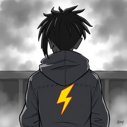 An anime-style drawing of a dark-skinned boy with dreadlocks, wearing a hooded jacket, seen from behind, with a lightning bolt on the back of his jacket