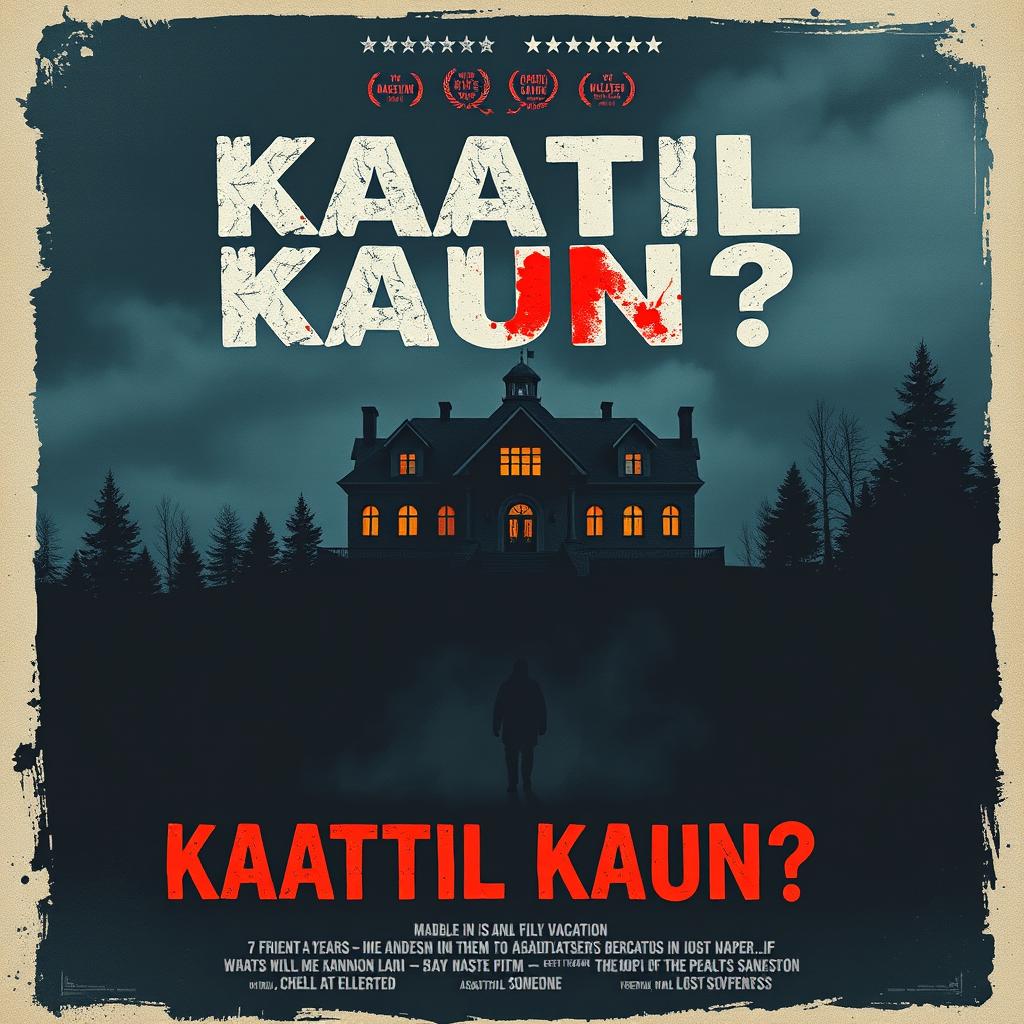 Design a horrific and suspenseful movie poster for the thriller film titled 'Kaatil Kaun?!'