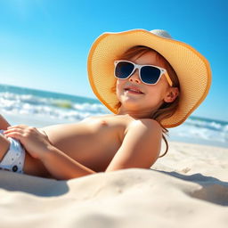 A young girl sunbathing on a sandy beach, wearing a cute sunhat and sunglasses