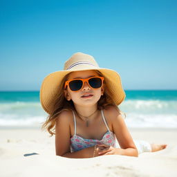 A young girl sunbathing on a sandy beach, wearing a cute sunhat and sunglasses