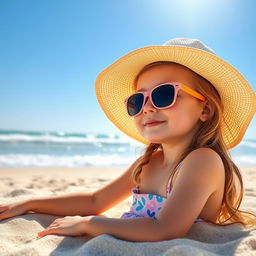 A young girl sunbathing on a sandy beach, wearing a cute sunhat and sunglasses