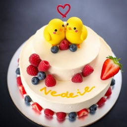 A two-floor vegan white cheesecake with two little yellow, very cute mastic chickens on top, smiling with smiles shaped like the letter 'c'