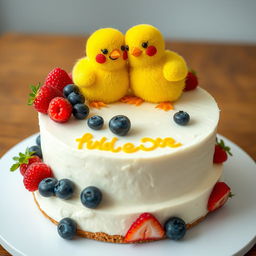 A two-floor vegan white cheesecake with two little yellow, very cute mastic chickens on top, smiling with smiles shaped like the letter 'c'