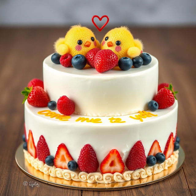 A two-floor vegan white cheesecake with two little yellow, very cute mastic chickens on top, smiling with smiles shaped like the letter 'c'