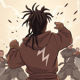 An anime-style drawing featuring a dark-skinned Shaolin boy with dreadlocks engaged in a fight