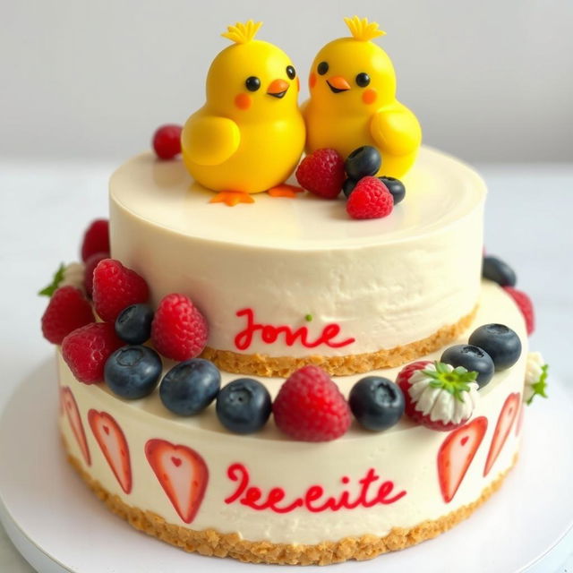 A 2-floor vegan white cheesecake with two very cute, yellow mastic smiling chicks on top