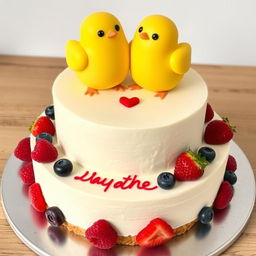 A 2-floor vegan white cheesecake with two very cute, yellow mastic smiling chicks on top