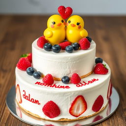 A 2-floor vegan white cheesecake with two very cute, yellow mastic smiling chicks on top