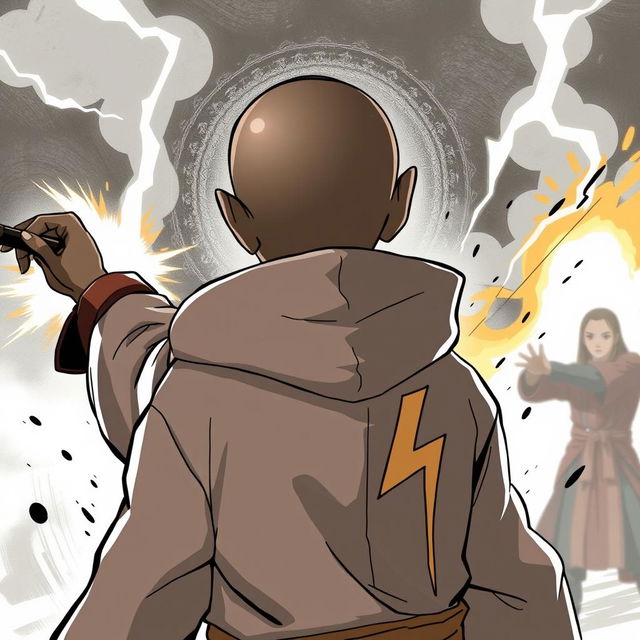 An anime-style drawing featuring a dark-skinned Shaolin boy with a shaved head engaged in a fight