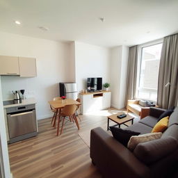 A cozy and modern open-plan living space featuring a compact kitchen, dining area, and living room