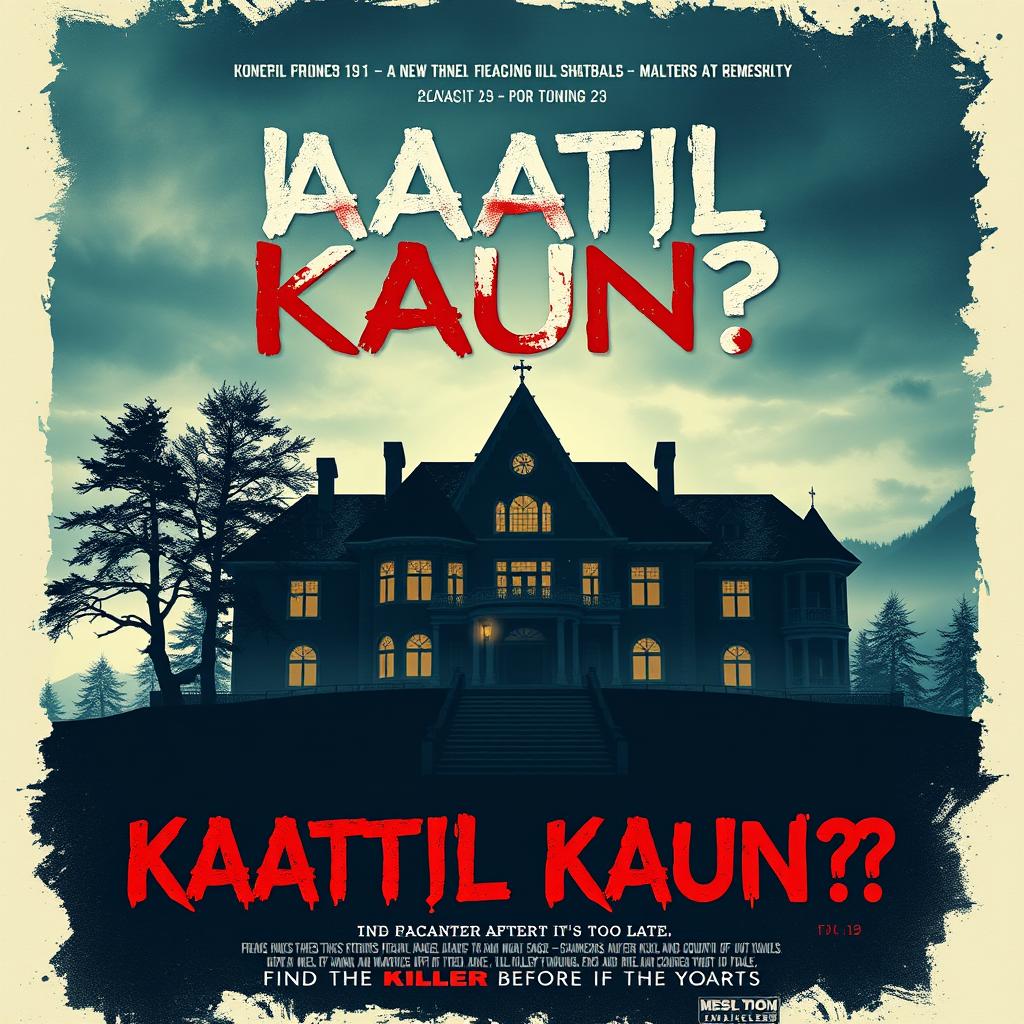 Design a horrific and suspenseful movie poster for the thriller film titled 'Kaatil Kaun?!'